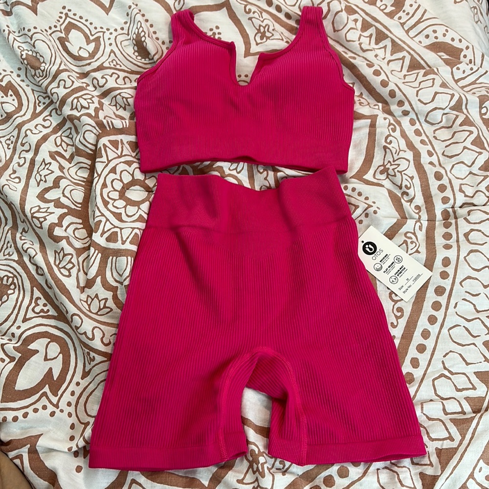 2 Piece Set Pink Ribbed Biker Shorts and Top workout